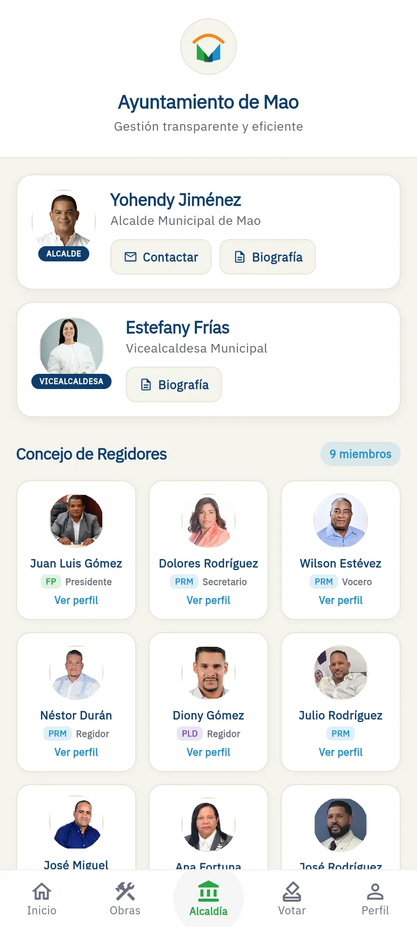 Sección Alcaldía con el alcalde, la vicealcaldesa y el Concejo de Regidores