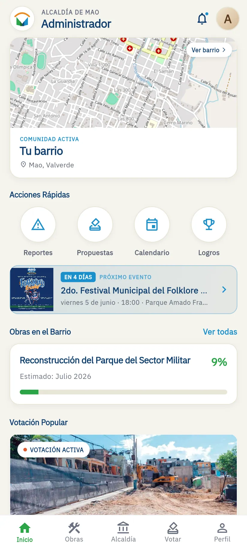 Pantalla de inicio de la app: mapa del barrio, acciones rápidas y obras en curso