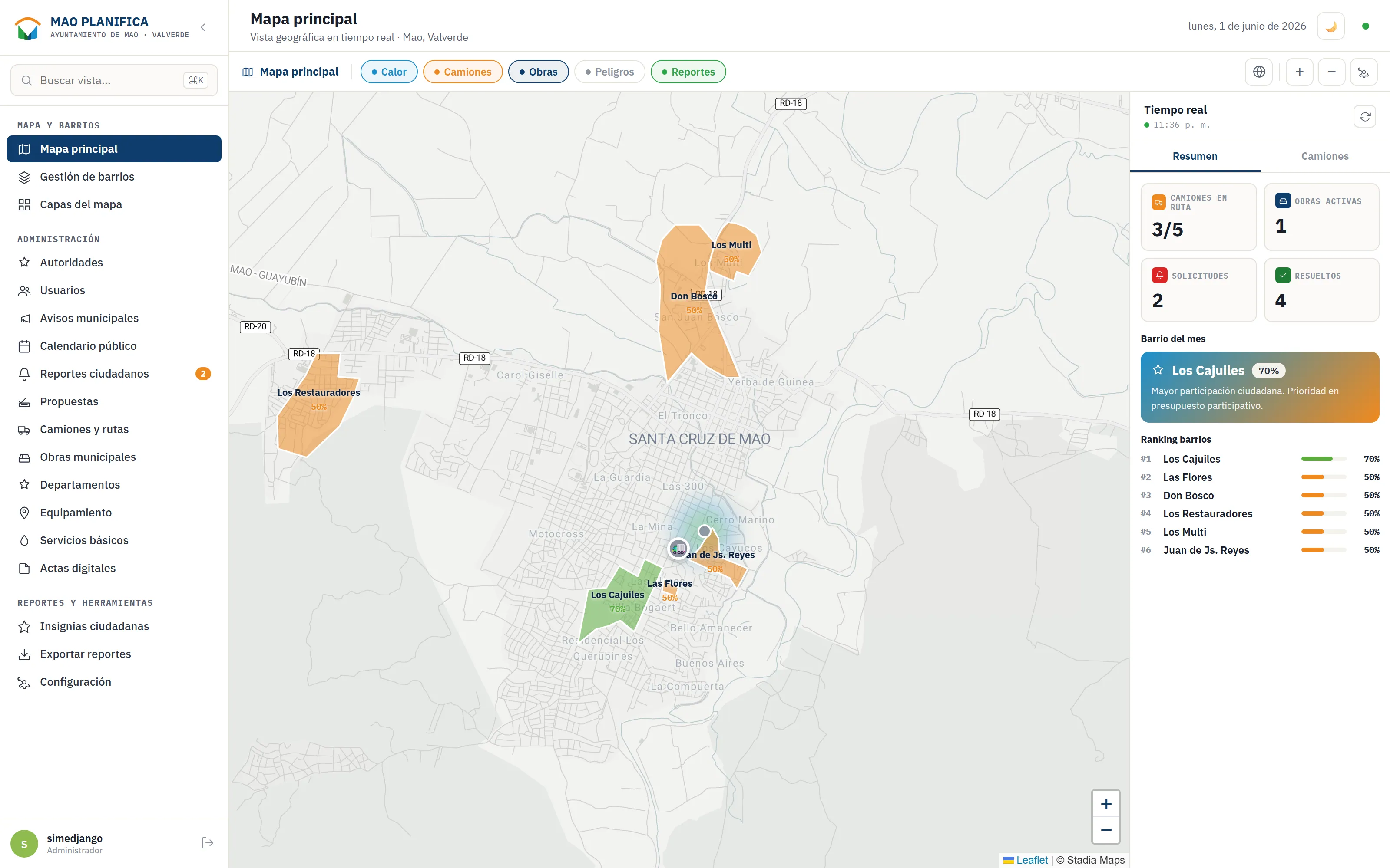 Panel de administración con el mapa principal y resumen en tiempo real